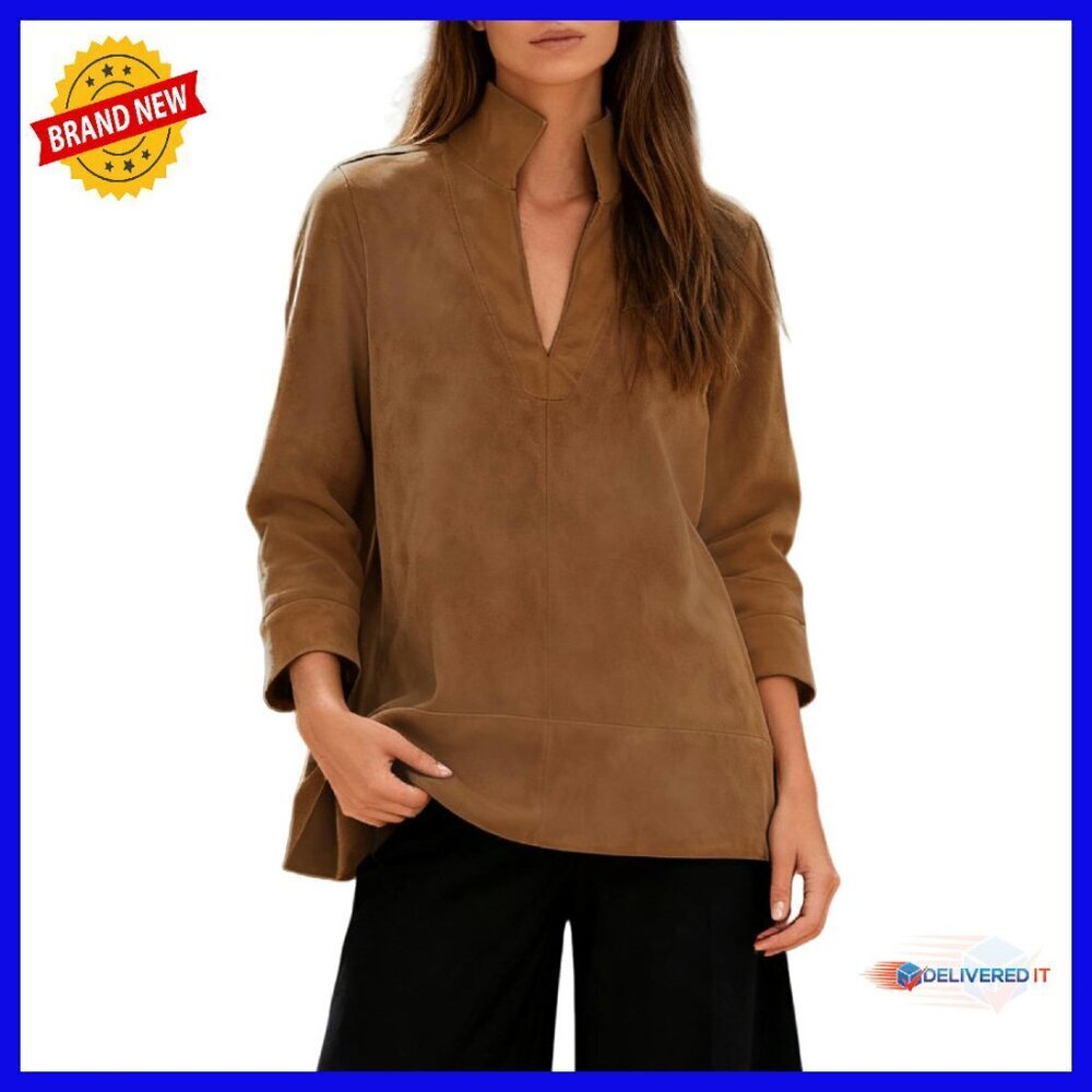 Faux Suede V-Neck Tunic Top 3/4 Sleeve Relaxed Fit Pull-On Blouse